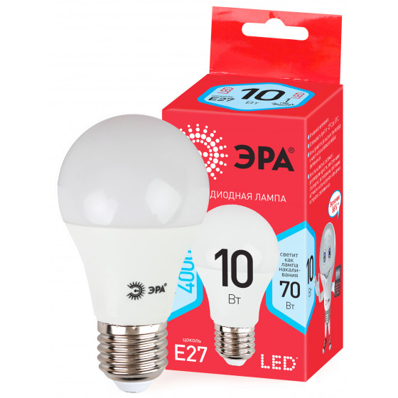 Лампа LED ЭРА ECO ЛОН A60 E27 10W(800lm) 4K 140х60 R A60-10W-840-E27 0488