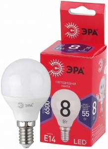 Лампа LED ЭРА ECO шар P45 E14 8W(640lm) 6K 80х45 P45-8W-865-E14 6397