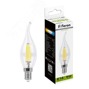 Лампа LED Feron 5вт Е14 белый свеча на ветру FILAMENT 