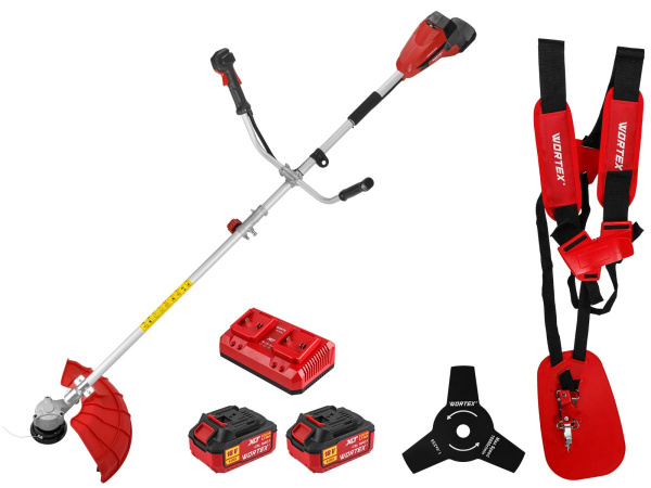 ALL1 XLT SET Триммер аккум. WORTEX TB 3036-1 AT БЕСЩЁТ.ДВИГ 18В+18В, шир.скаш.380/255 мм леска/нож