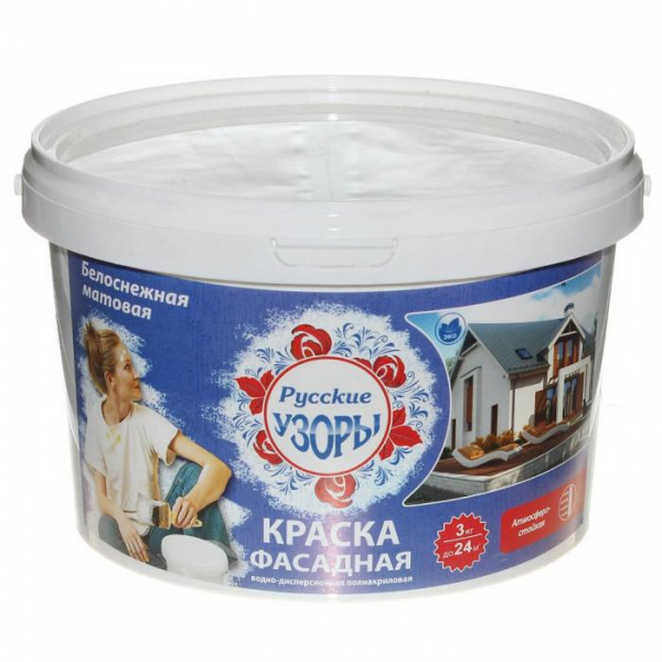 Краска ВД Русские узоры фасадная белоснежная, 3 кг