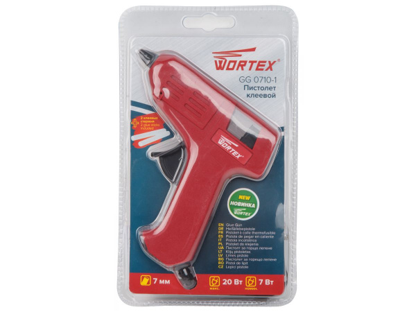 Пистолет клеевой WORTEX GG 0710-1 в блистере + 2 клеевых стержня (20 Вт, 7 мм, 8 г/мин)