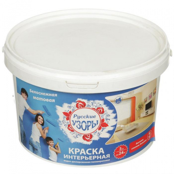 Краска ВД Русские узоры интерьерная белоснежная, 3 кг
