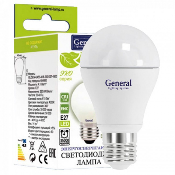 Лампа LED General 7W E27 2700K шар P45 