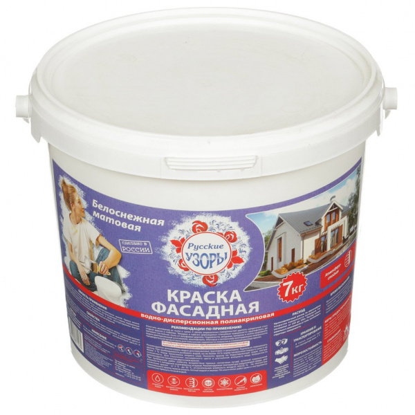 Краска ВД Русские узоры фасадная белоснежная, 7 кг