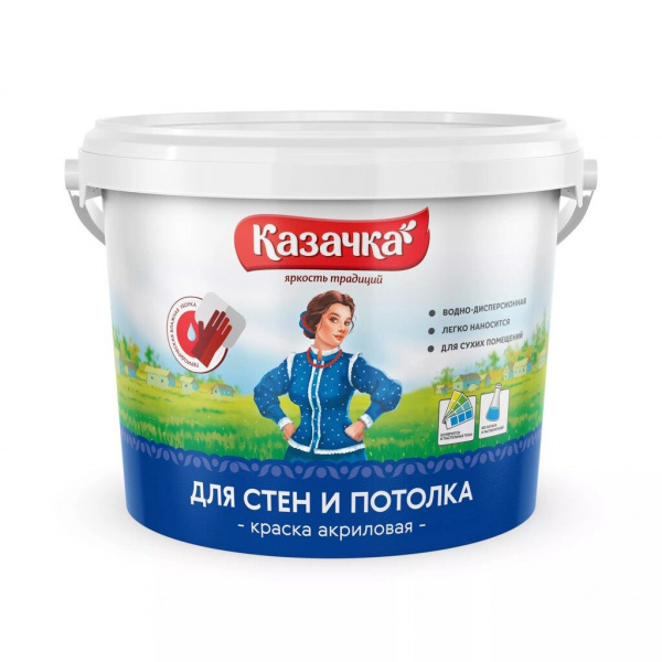 Краска вд, Казачка, W-3, акриловая, интерьерная, матовая, 2.7 кг